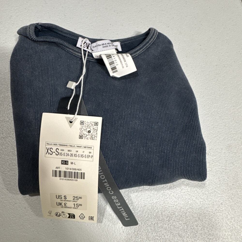 Zara Crop Top Crew Neck Pullover Stretch Long Sleeve Faded Blue Size XS Stylish - Picture 9 of 9